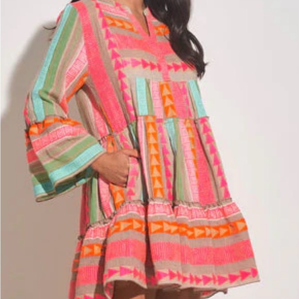 Neon Aztec Jacquard Mini-Dress with embellished lace trim includes two bracelets - Picture 2 of 12